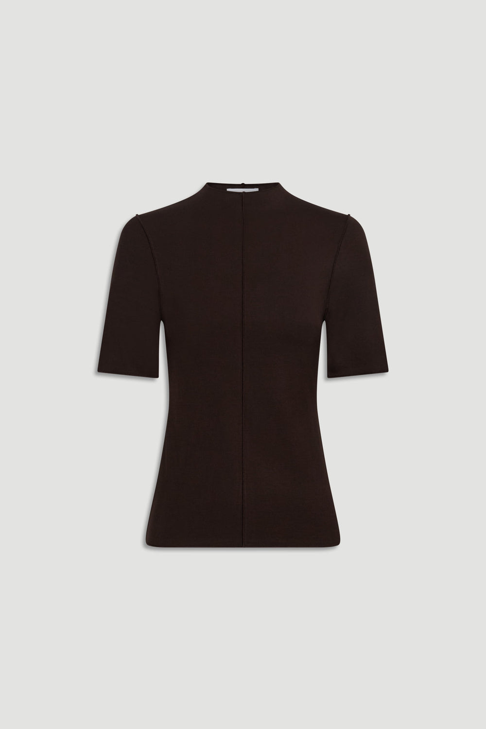 Fitted short sleeve top in dark brown with mock neck and central seam detail against light background
