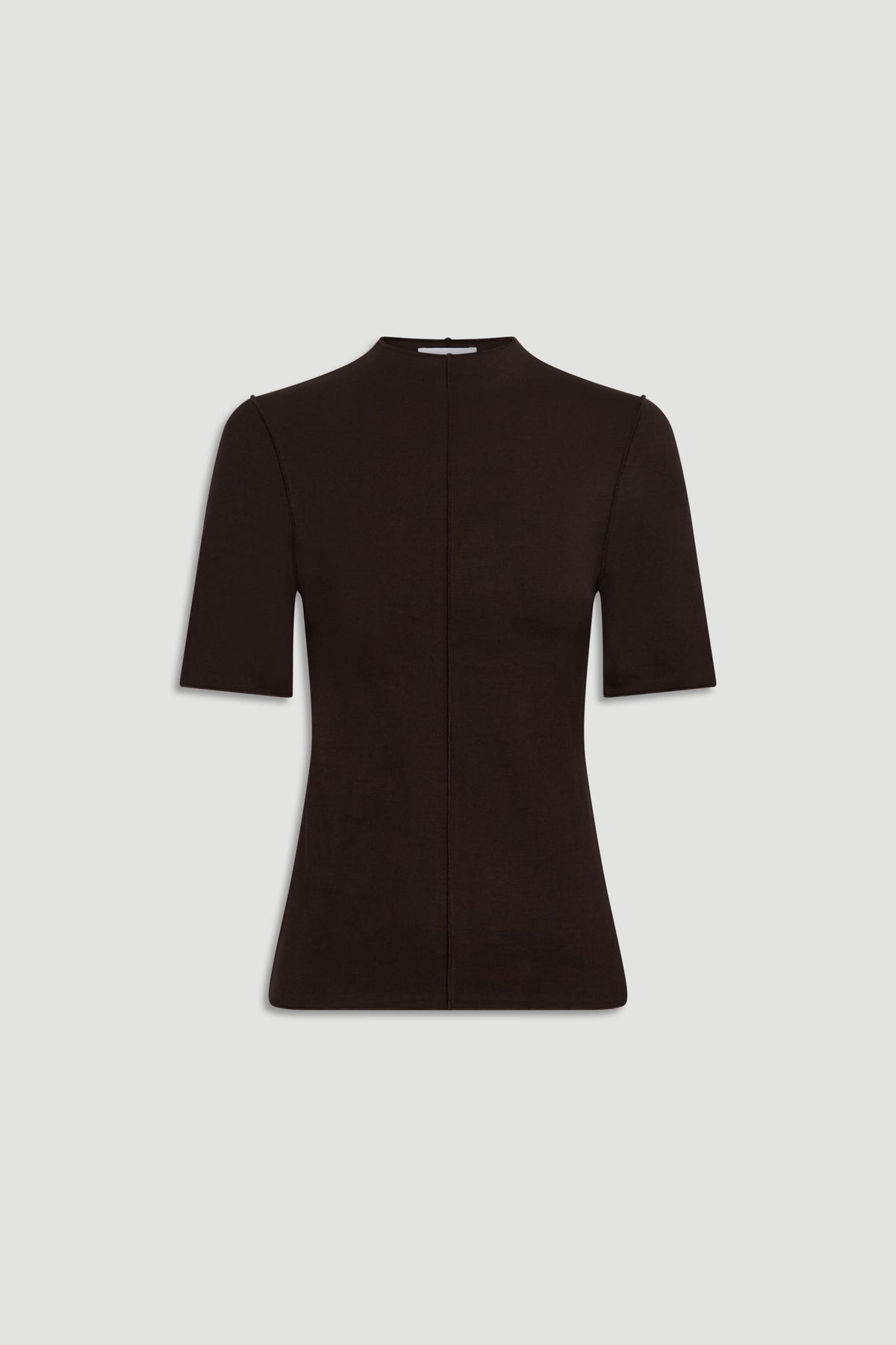 Fitted short sleeve top in dark brown with mock neck and central seam detail against light background