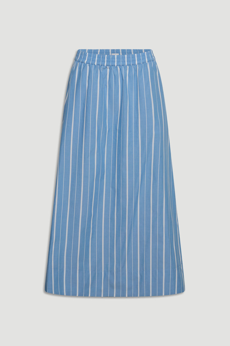 D-Luxe Poplin Stripe Skirt gallery 4 showing elasticated waistband, A-line silhouette, and vertical stripes in portrait view.