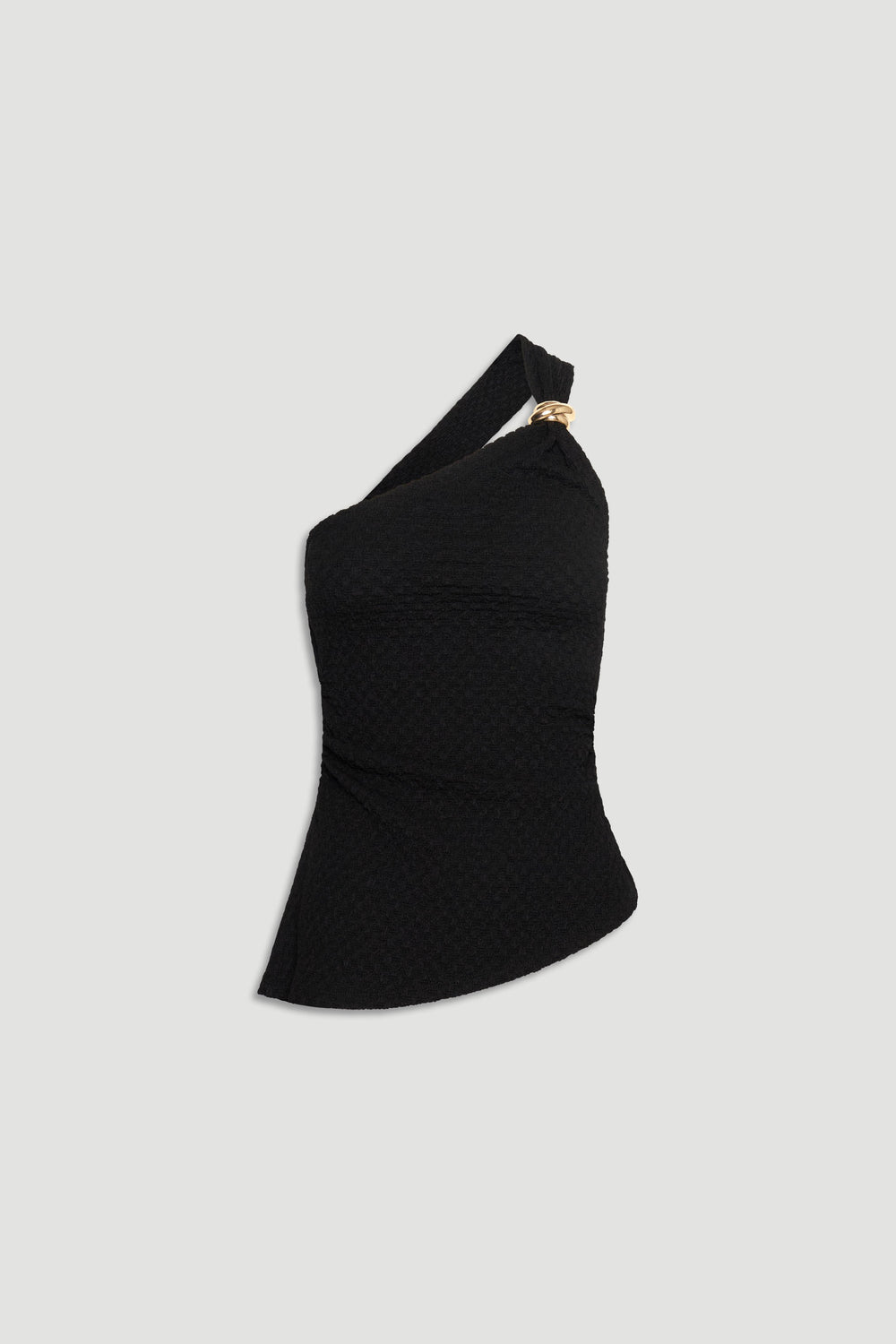 Black textured one-shoulder tank with a fitted silhouette and gold-tone ring detail on the strap for a chic finish