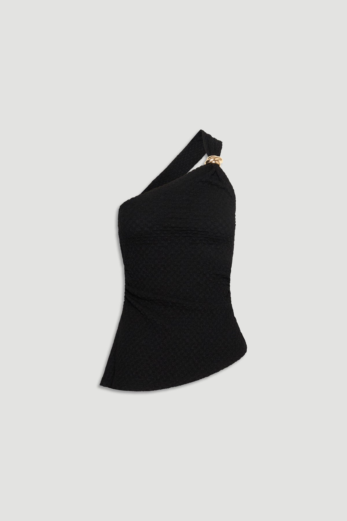 Black textured one-shoulder tank with a fitted silhouette and gold-tone ring detail on the strap for a chic finish