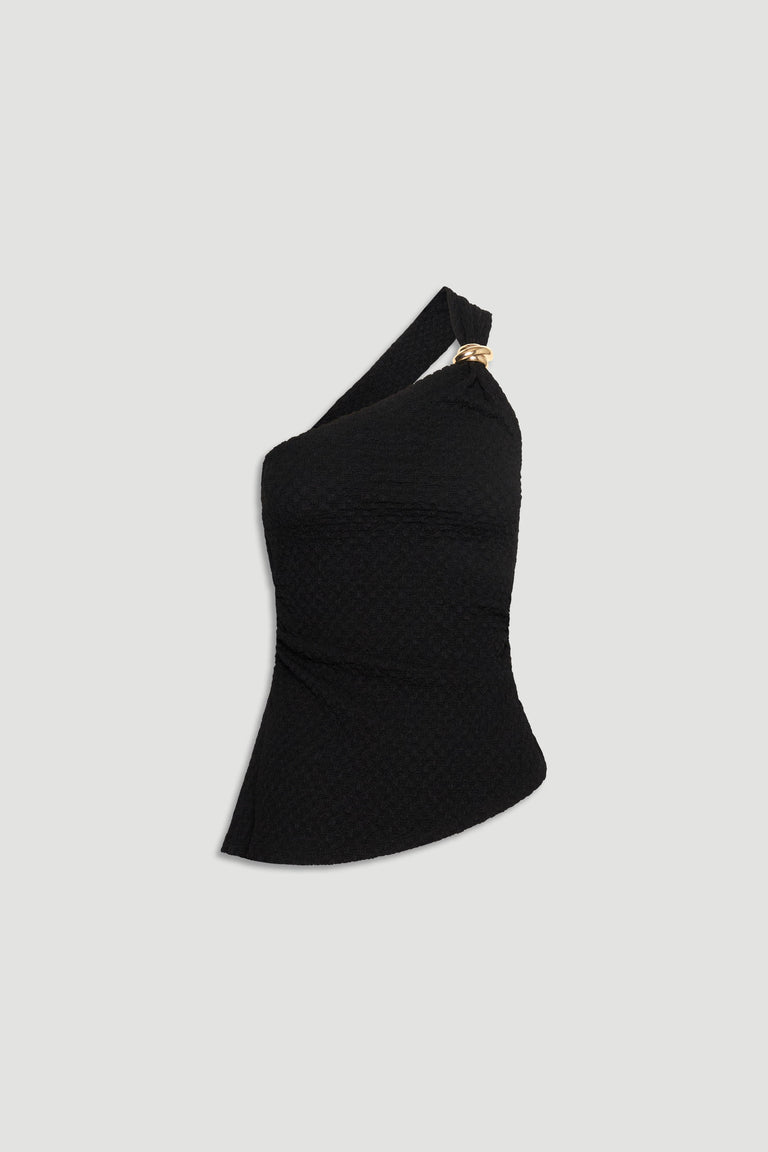 Black textured one-shoulder tank with a fitted silhouette and gold-tone ring detail on the strap for a chic finish
