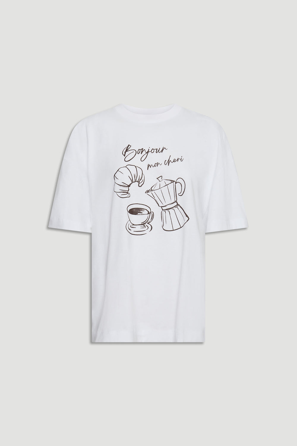 White relaxed-fit tee with minimalist croissant, coffee cup, and pot print and "Bonjour mon cheri" script design