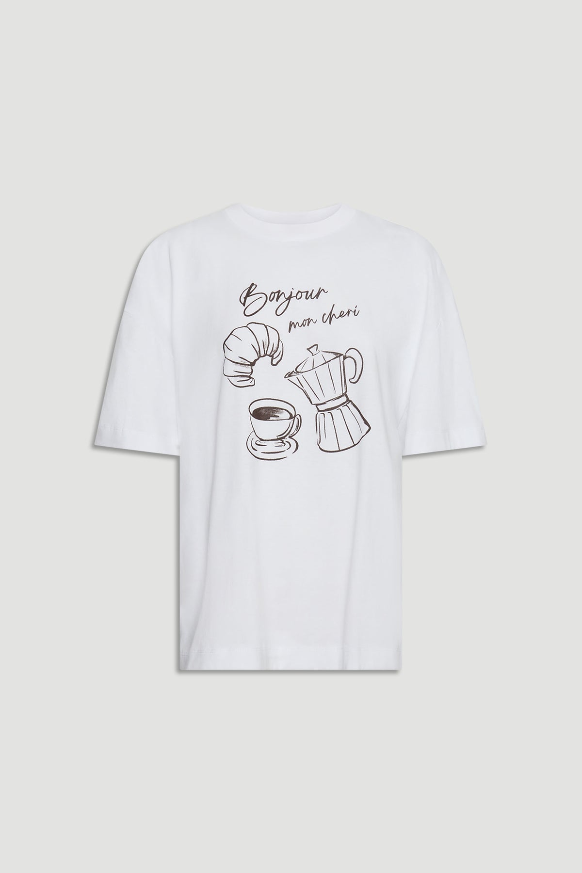 White relaxed-fit tee with minimalist croissant, coffee cup, and pot print and "Bonjour mon cheri" script design