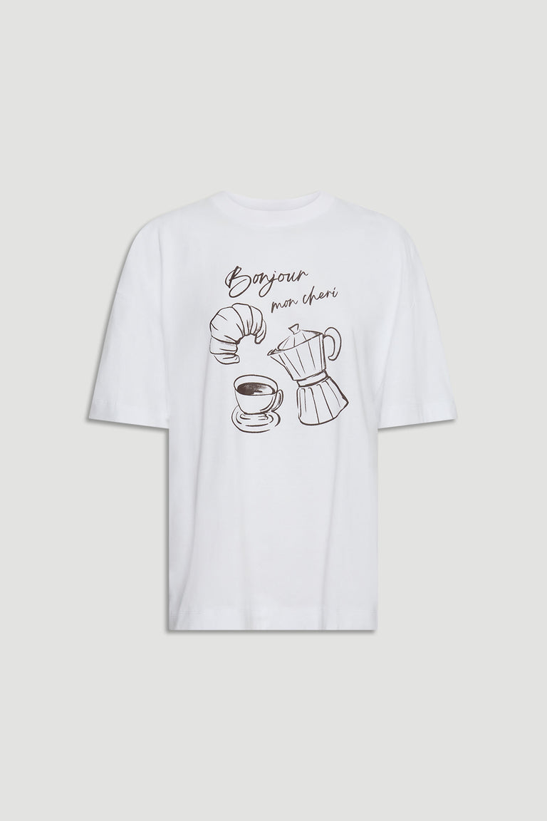 White relaxed-fit tee with minimalist croissant, coffee cup, and pot print and "Bonjour mon cheri" script design