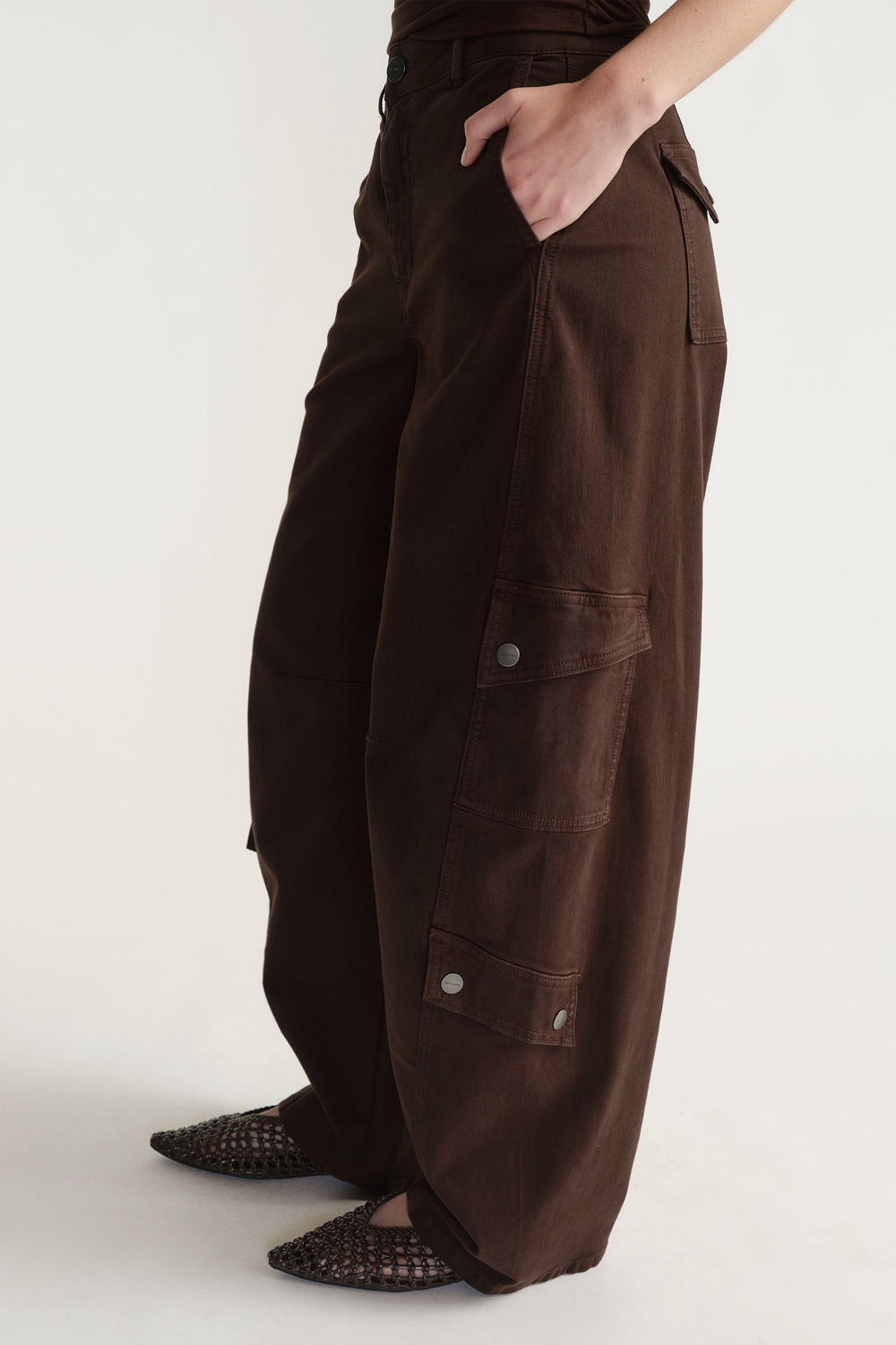 Alexa Barrel Cargo Pant in rich brown with side cargo pockets and barrel leg silhouette, portrait gallery shot two