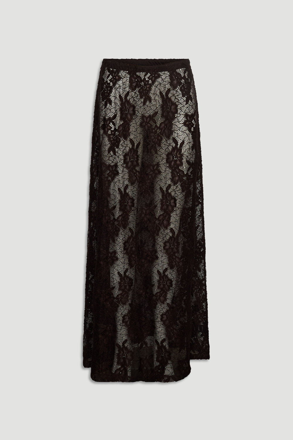 Elegant black lace maxi skirt with floral pattern and sheer detailing for a sophisticated, feminine look.