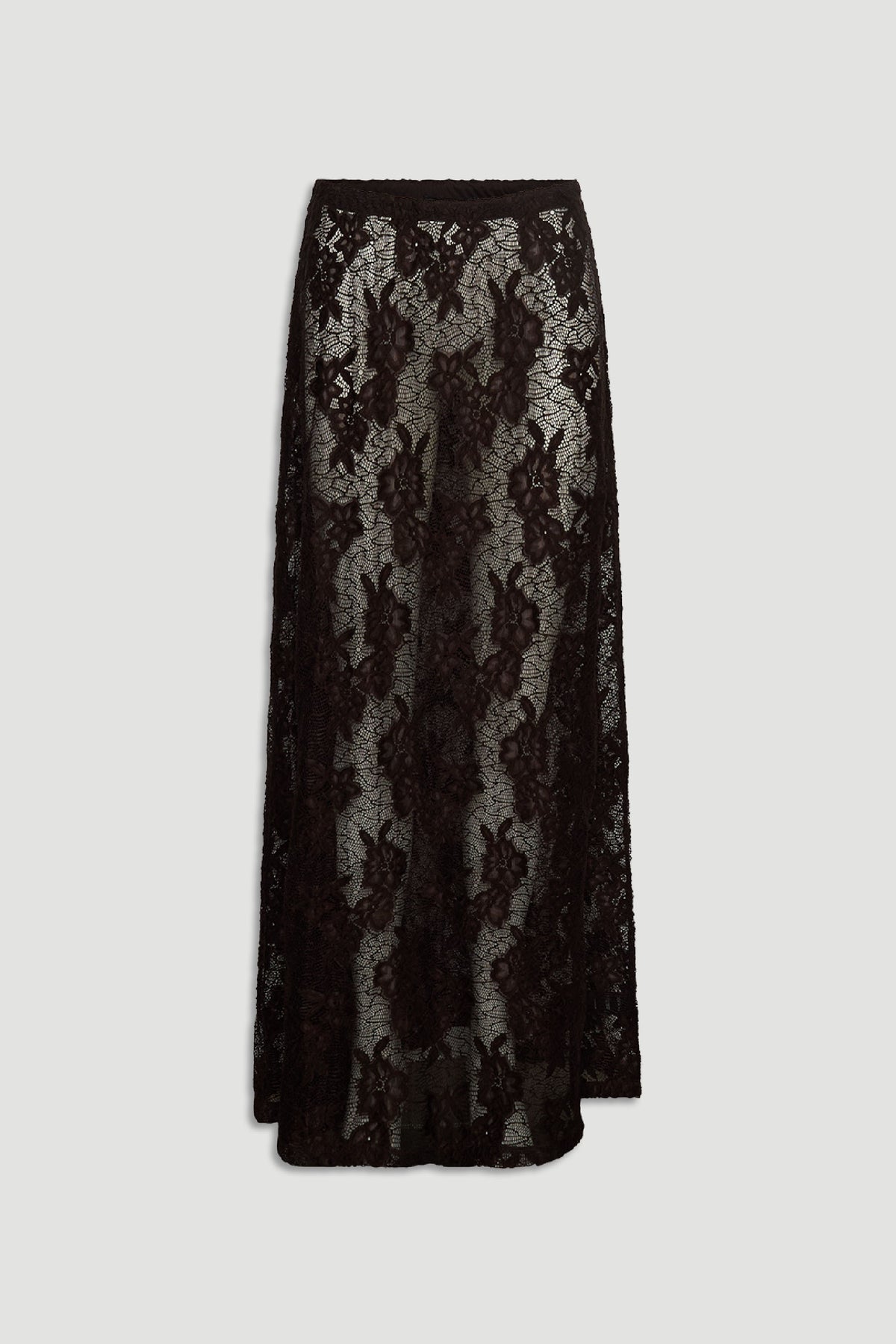 Elegant black lace maxi skirt with floral pattern and sheer detailing for a sophisticated, feminine look.