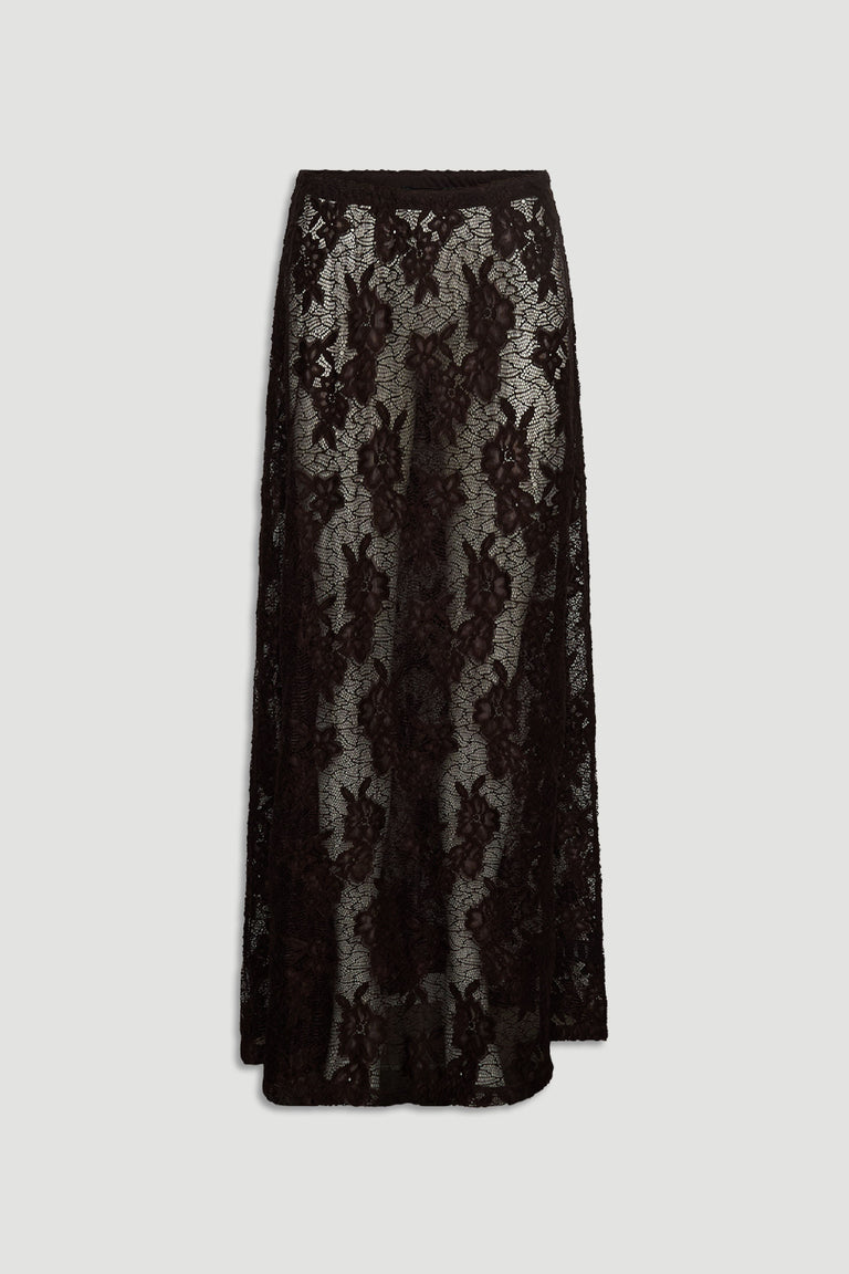 Elegant black lace maxi skirt with floral pattern and sheer detailing for a sophisticated, feminine look.