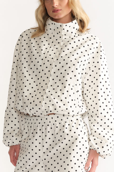 D-Luxe Polka Dot Jacket with stand collar and elastic hem in white with black dots by DECJUBA Australian fashion brand