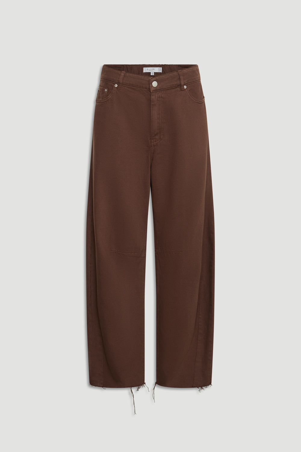 D-Luxe Denim Horseshoe Jean in rich brown cotton with a relaxed fit and raw hem by Decjuba, Australian fashion brand.