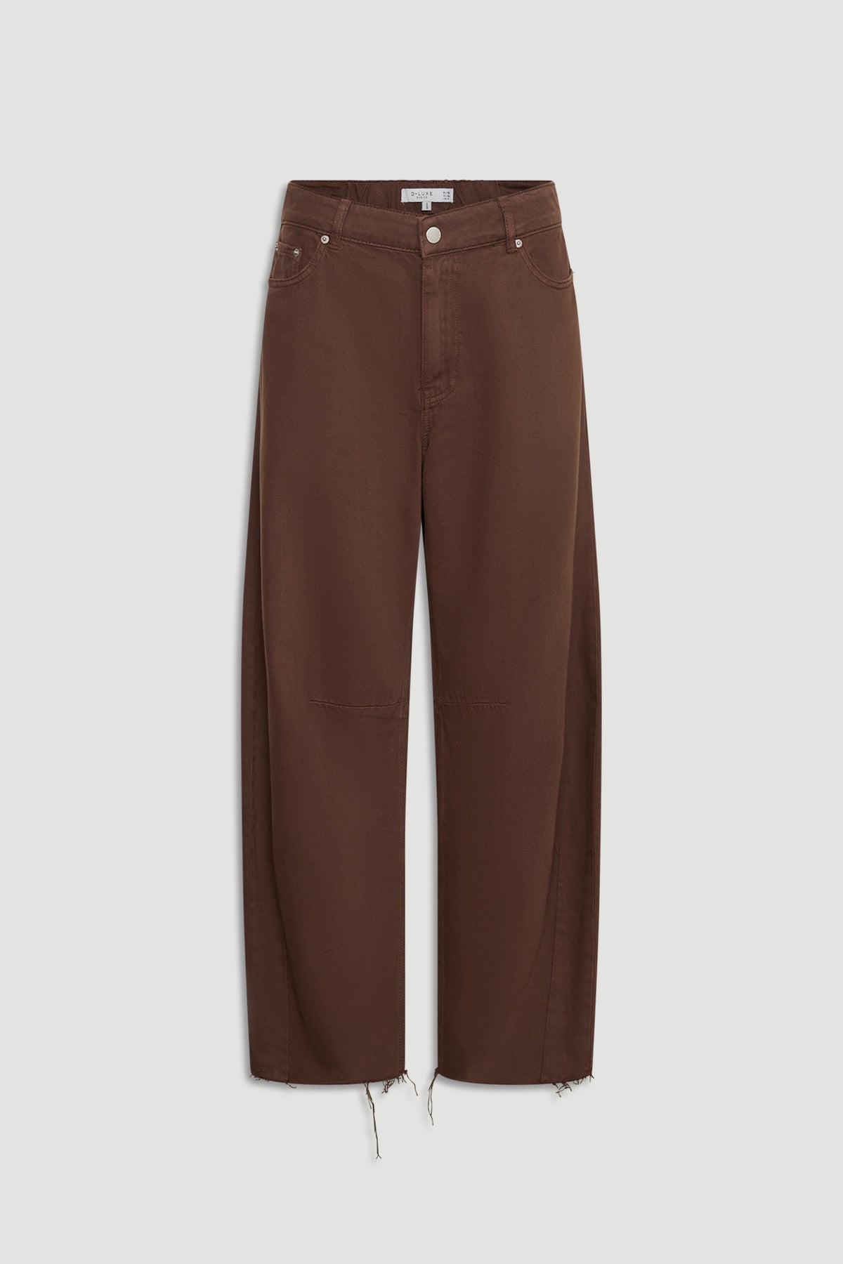 D-Luxe Denim Horseshoe Jean in rich brown cotton with a relaxed fit and raw hem by Decjuba, Australian fashion brand.