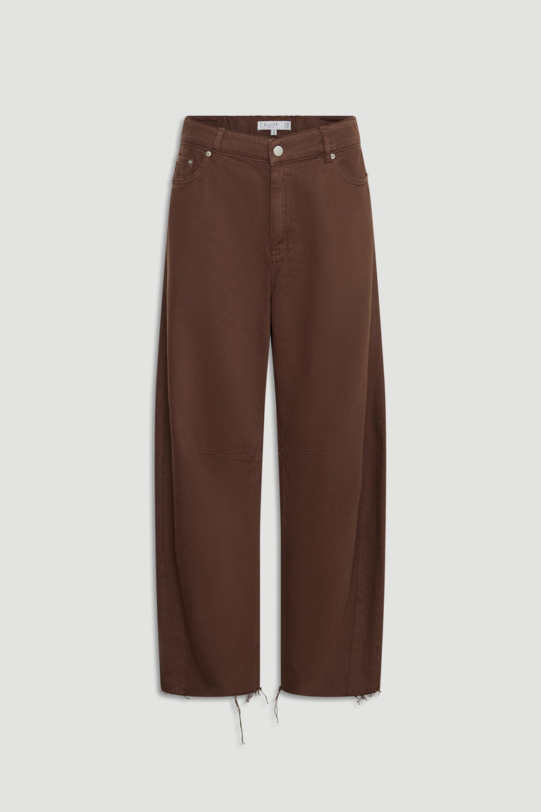 D-Luxe Denim Horseshoe Jean in rich brown cotton with a relaxed fit and raw hem by Decjuba, Australian fashion brand.
