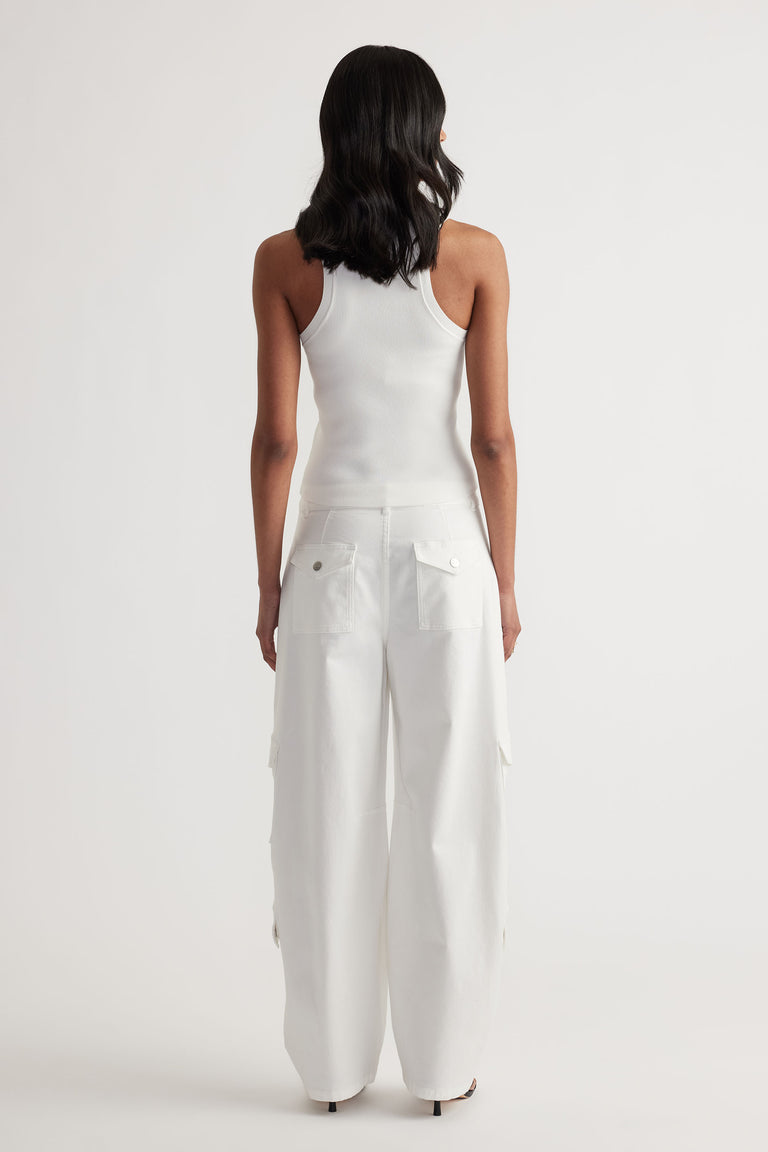 Ava Crew Neck Knit Tank in white ribbed knit with racerback style paired with wide-leg cargo pants by DECJUBA Australian brand