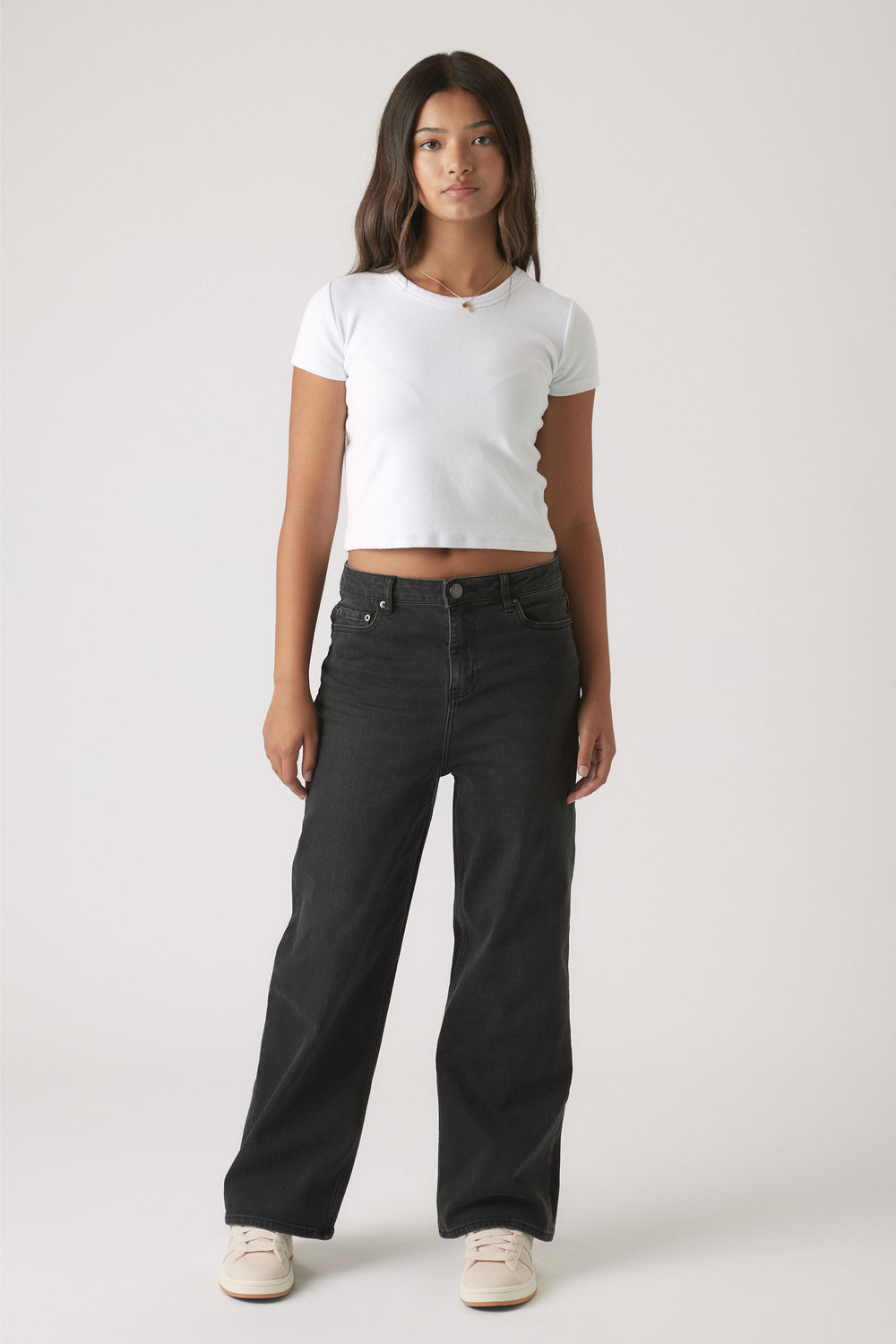 Girls Hailey Wide Leg Jean in black denim with high waist and relaxed fit, designed by Decjuba for versatile everyday style