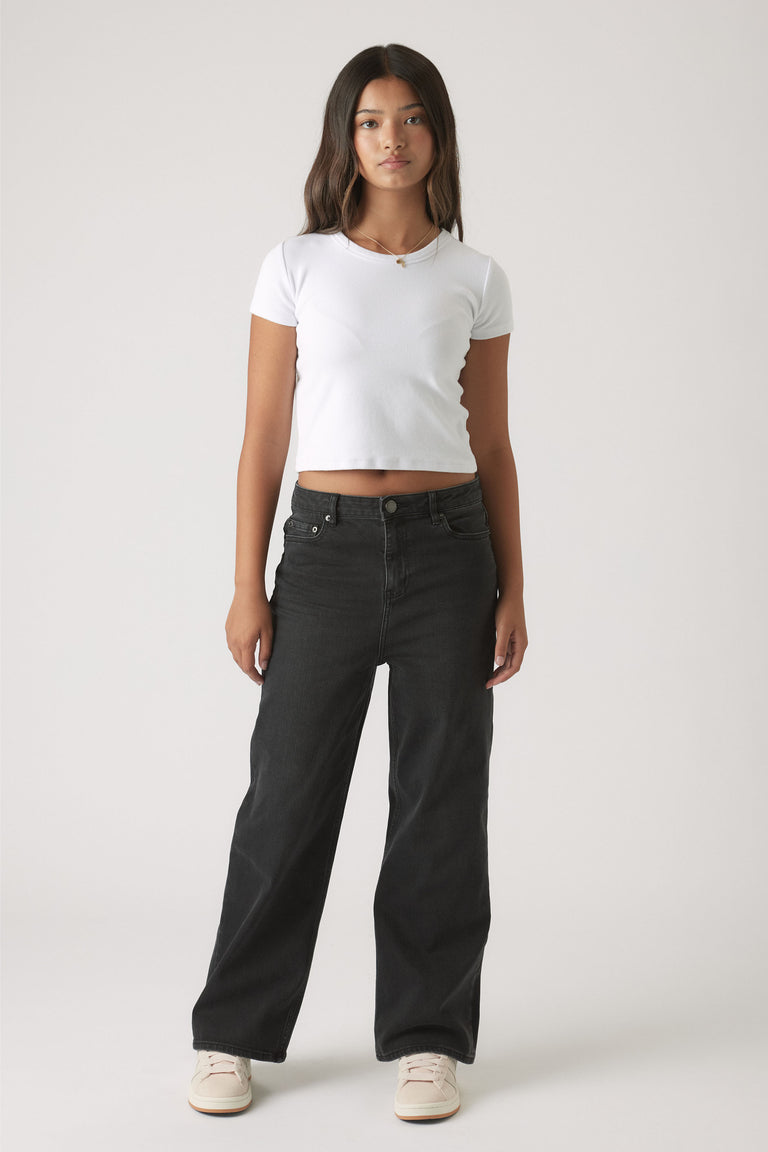 Girls Hailey Wide Leg Jean in black denim with high waist and relaxed fit, designed by Decjuba for versatile everyday style