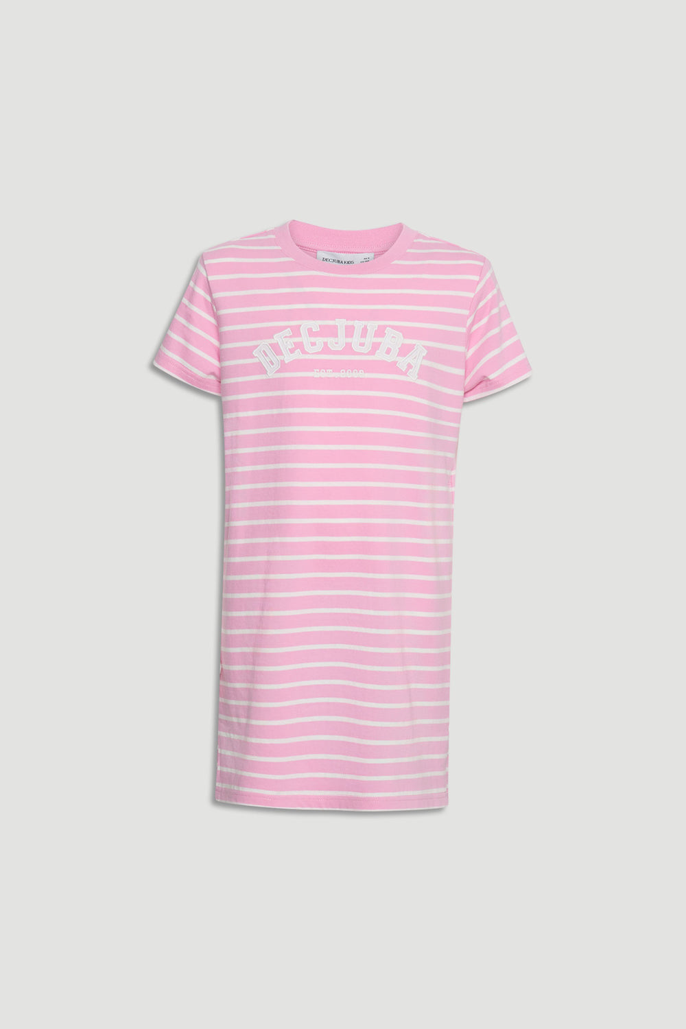 Pink and white striped girls rugby tee dress with short sleeves and casual crew neckline for everyday wear