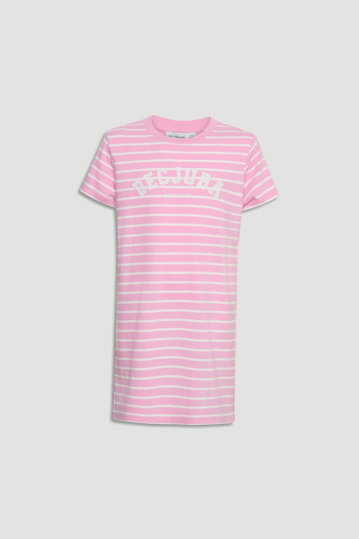 Pink and white striped girls rugby tee dress with short sleeves and casual crew neckline for everyday wear