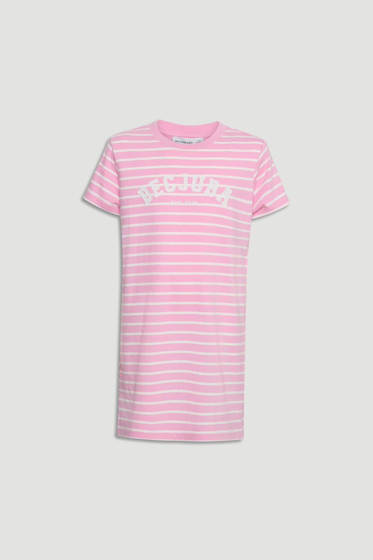 Pink and white striped girls rugby tee dress with short sleeves and casual crew neckline for everyday wear