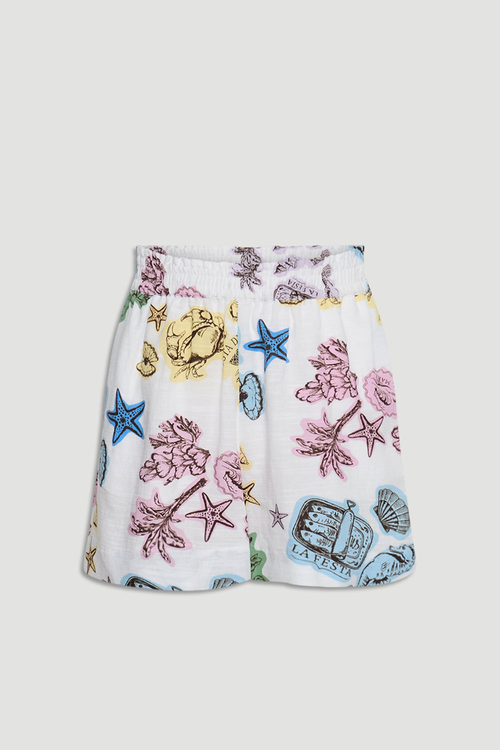 Girls Millie Beach Short with elasticated waist, colorful marine print, mid thigh length, gallery position 4 portrait view