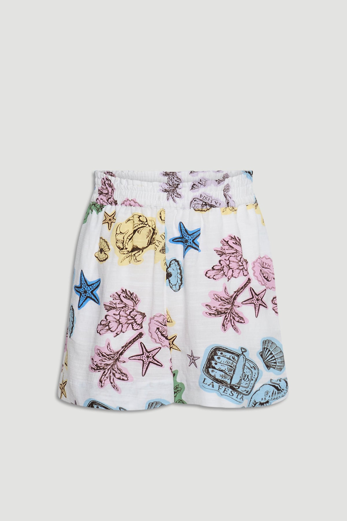 Girls Millie Beach Short with elasticated waist, colorful marine print, mid thigh length, gallery position 4 portrait view