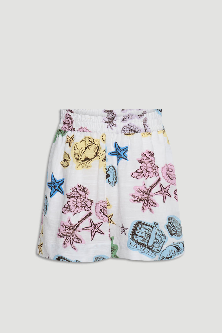 Girls Millie Beach Short with elasticated waist, colorful marine print, mid thigh length, gallery position 4 portrait view