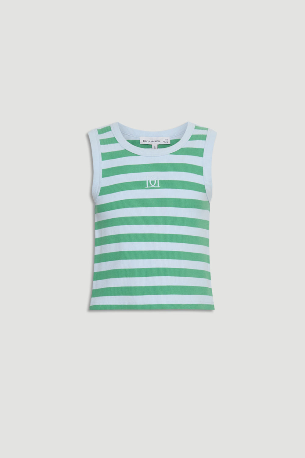 Girls sleeveless tank top with green and white horizontal stripes and a subtle front logo detail