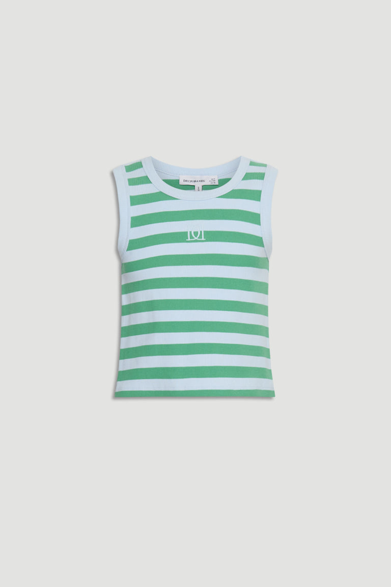 Girls sleeveless tank top with green and white horizontal stripes and a subtle front logo detail