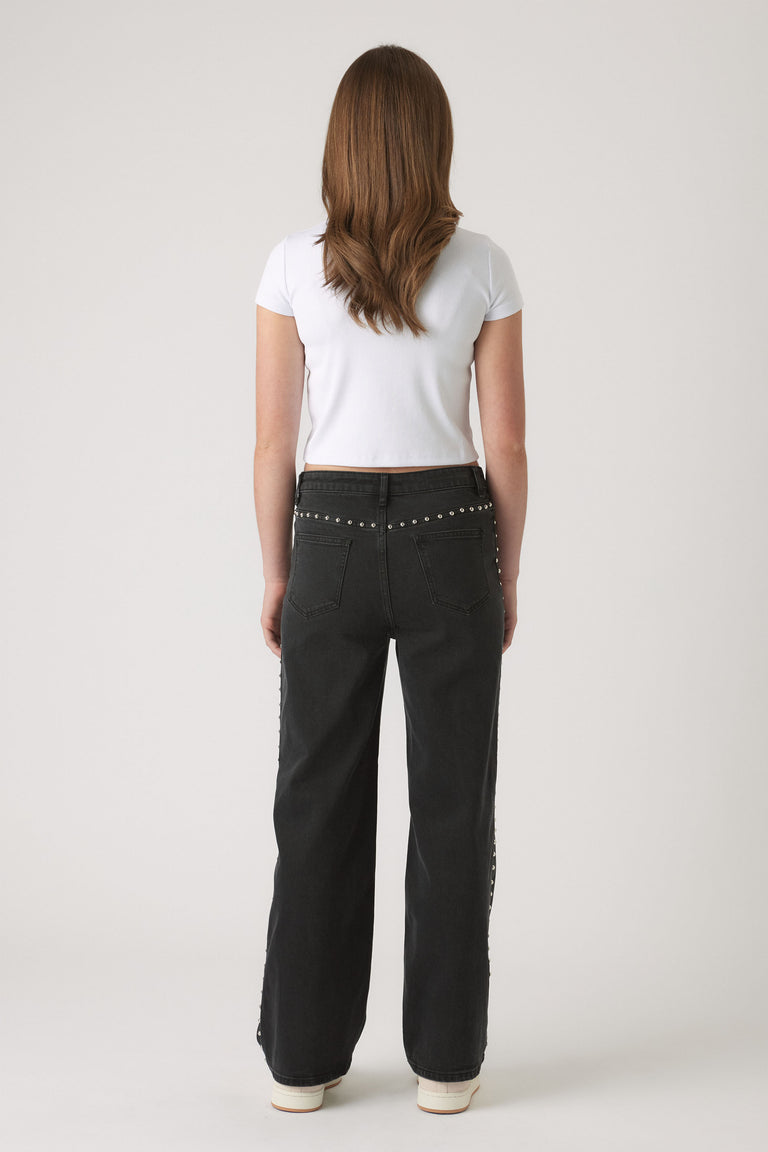 Girls Hailey Studded Jean in black denim with stud detailing along the waist and sides by DECJUBA Australian fashion brand
