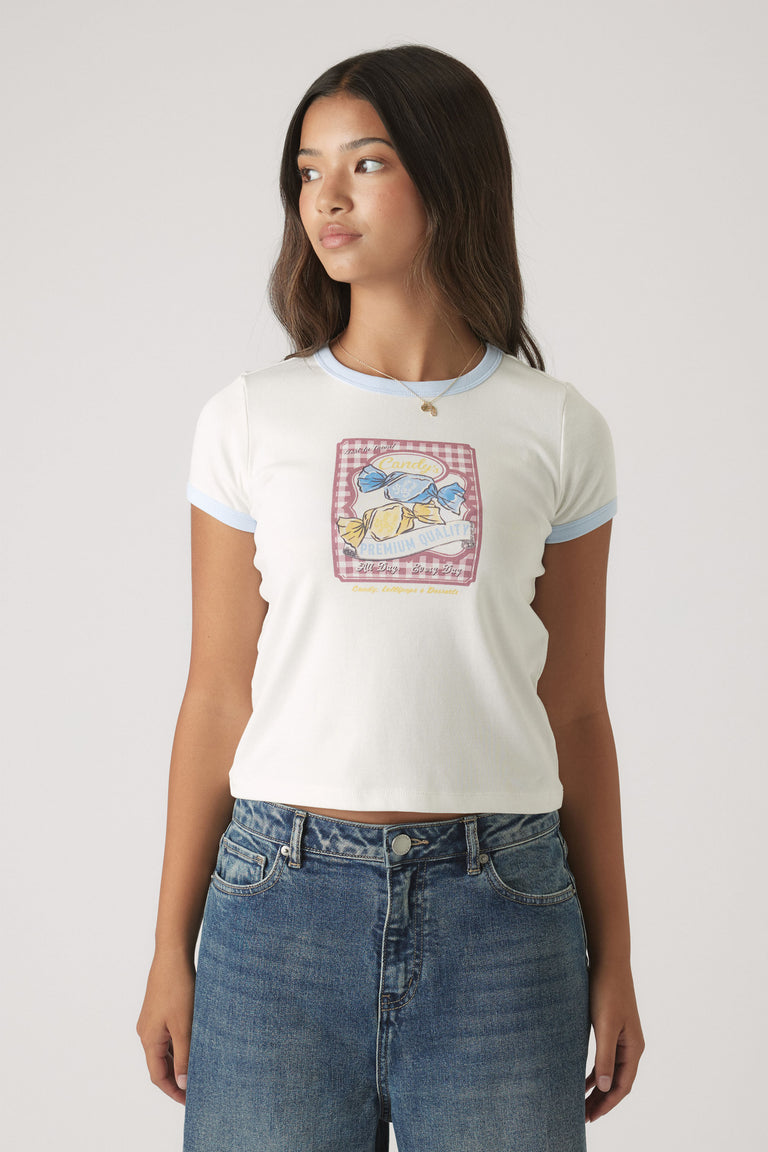 Girls Cropped Ringer Tee in white with blue trim and candy graphic, styled with denim jeans by DECJUBA Australian fashion brand