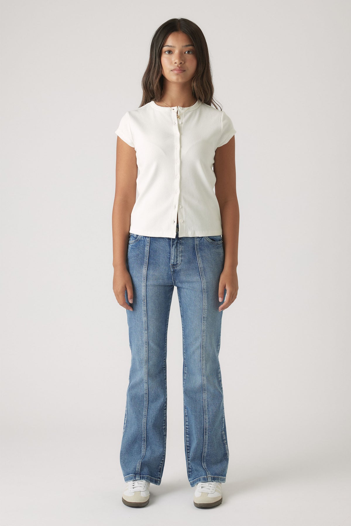 Girls Lucy Flare Jean in mid-blue denim with front seam detail and relaxed flare leg by DECJUBA Australian fashion brand
