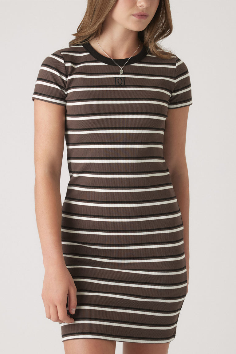 Fitted girls dress with short sleeves featuring brown and white horizontal stripes and a contrasting black neckline trim