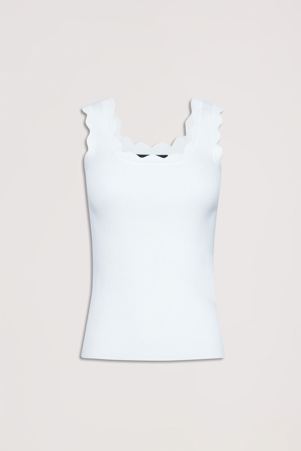 White ribbed tank top with scalloped edges and wide straps, featuring a square neckline and a neat fit.