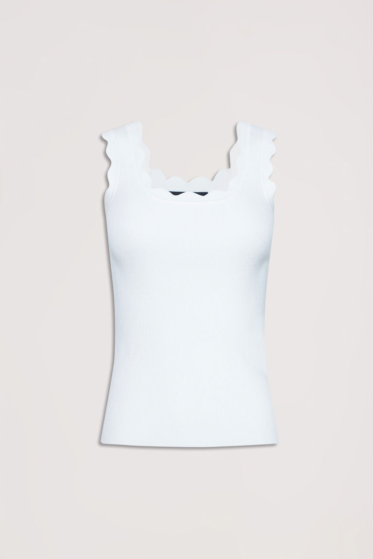 White ribbed tank top with scalloped edges and wide straps, featuring a square neckline and a neat fit.