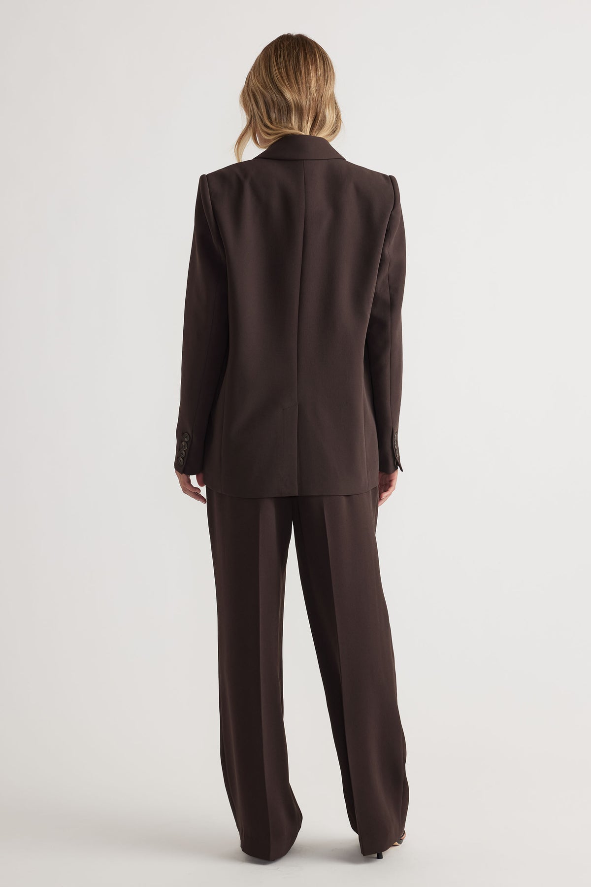 Carmen Tailored Blazer in dark brown, featuring a structured fit and sleek back design by DECJUBA Australian fashion brand