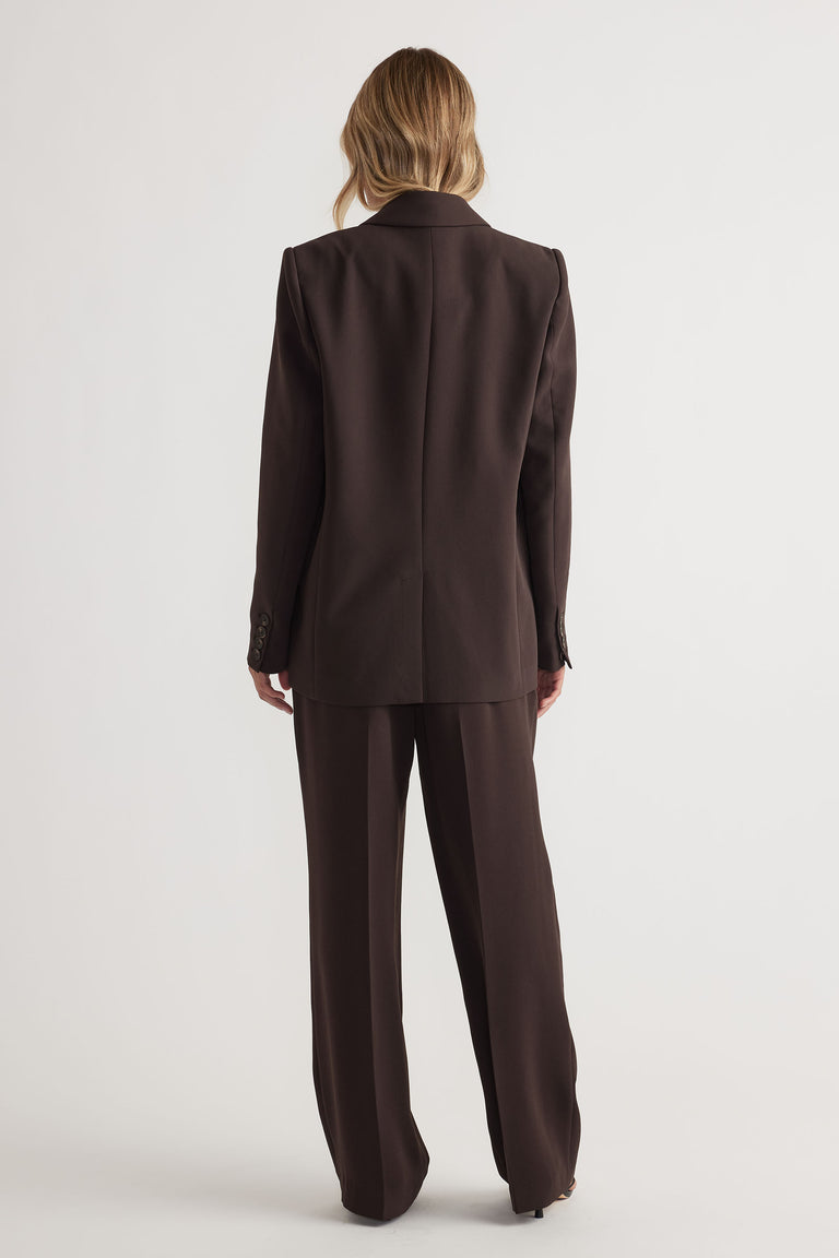 Carmen Tailored Blazer in dark brown, featuring a structured fit and sleek back design by DECJUBA Australian fashion brand