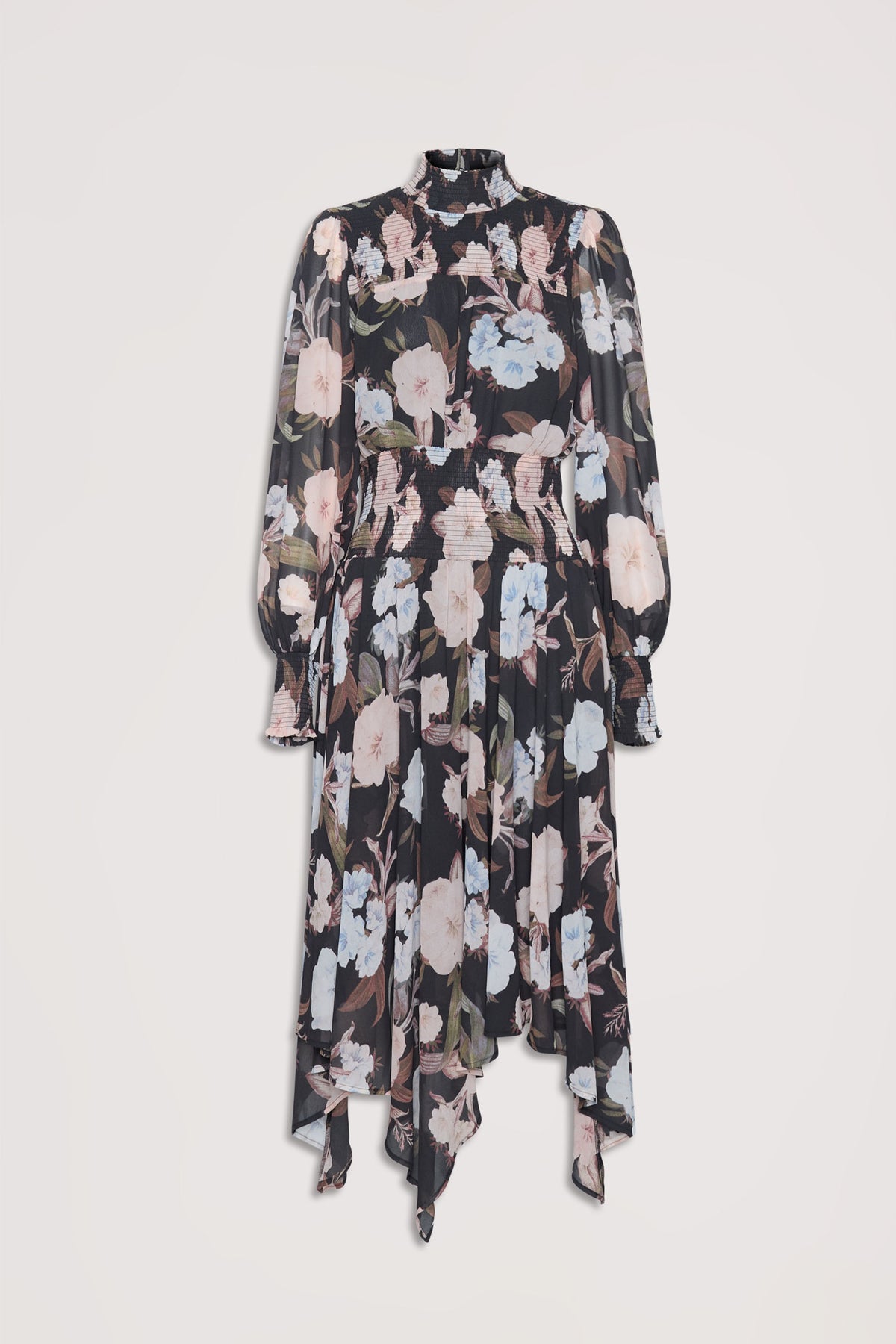 Black midi dress with long sheer sleeves, shirred bodice, high neck, and pastel floral print with an asymmetric hemline