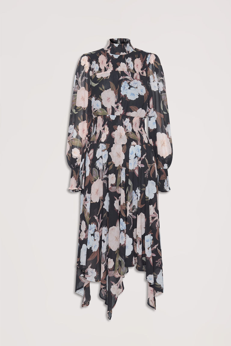Black midi dress with long sheer sleeves, shirred bodice, high neck, and pastel floral print with an asymmetric hemline