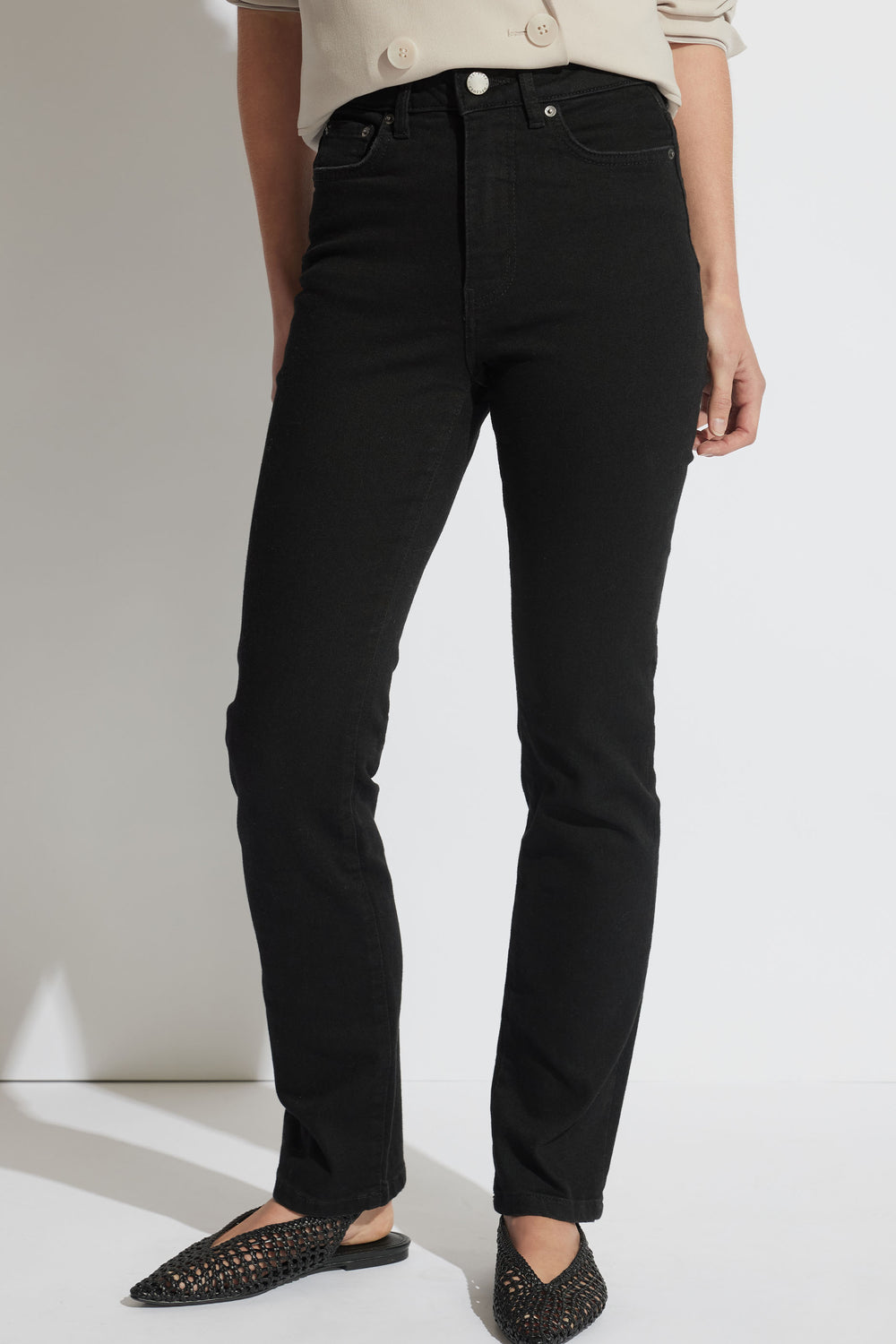 Billie Straight Leg Jean in black denim shown in gallery position 2 with high rise and straight leg silhouette