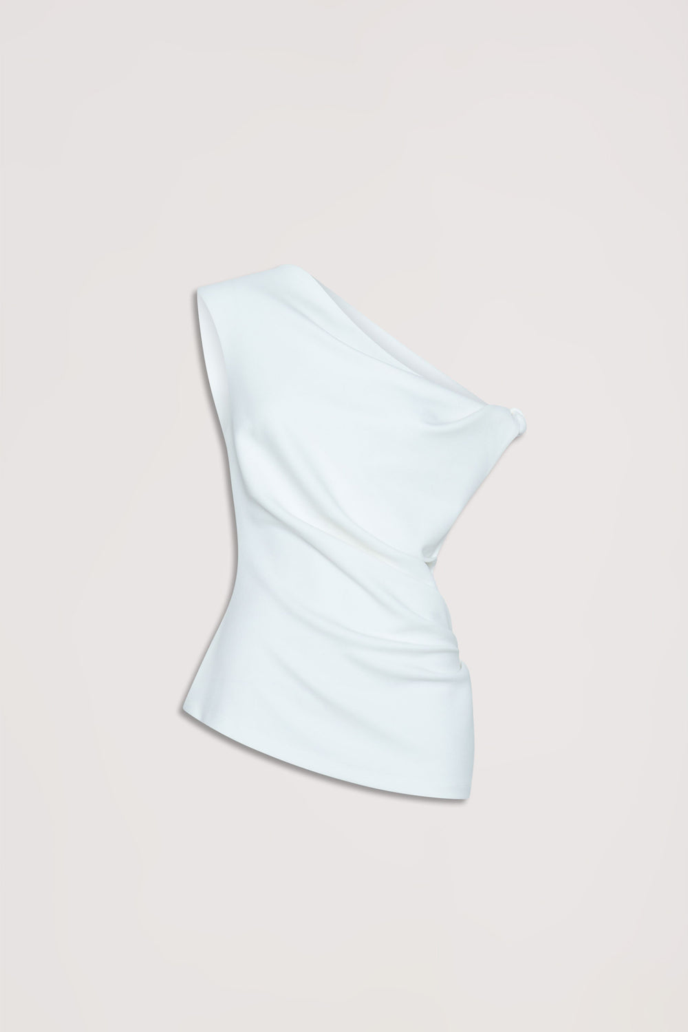 White twist shoulder top with gathered seams and an asymmetric hem