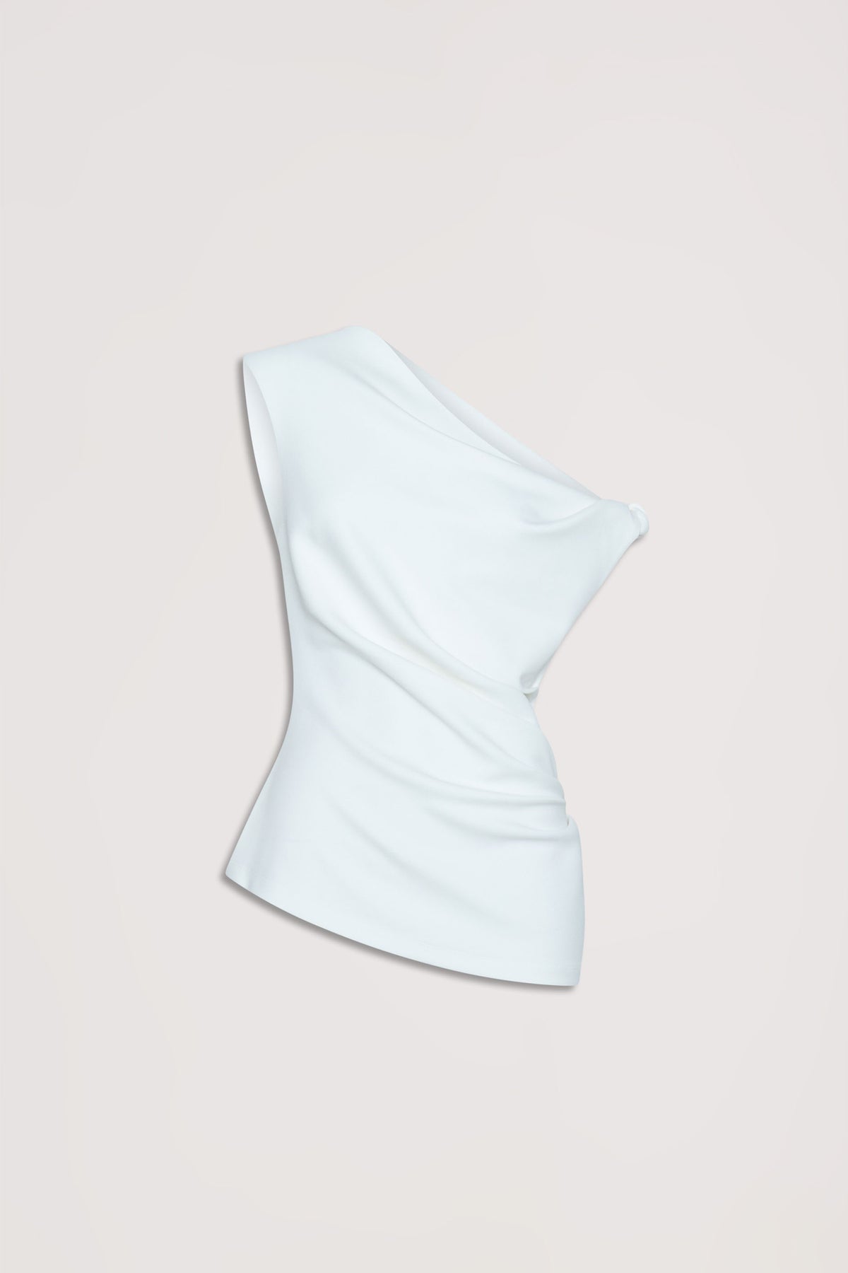 White twist shoulder top with gathered seams and an asymmetric hem