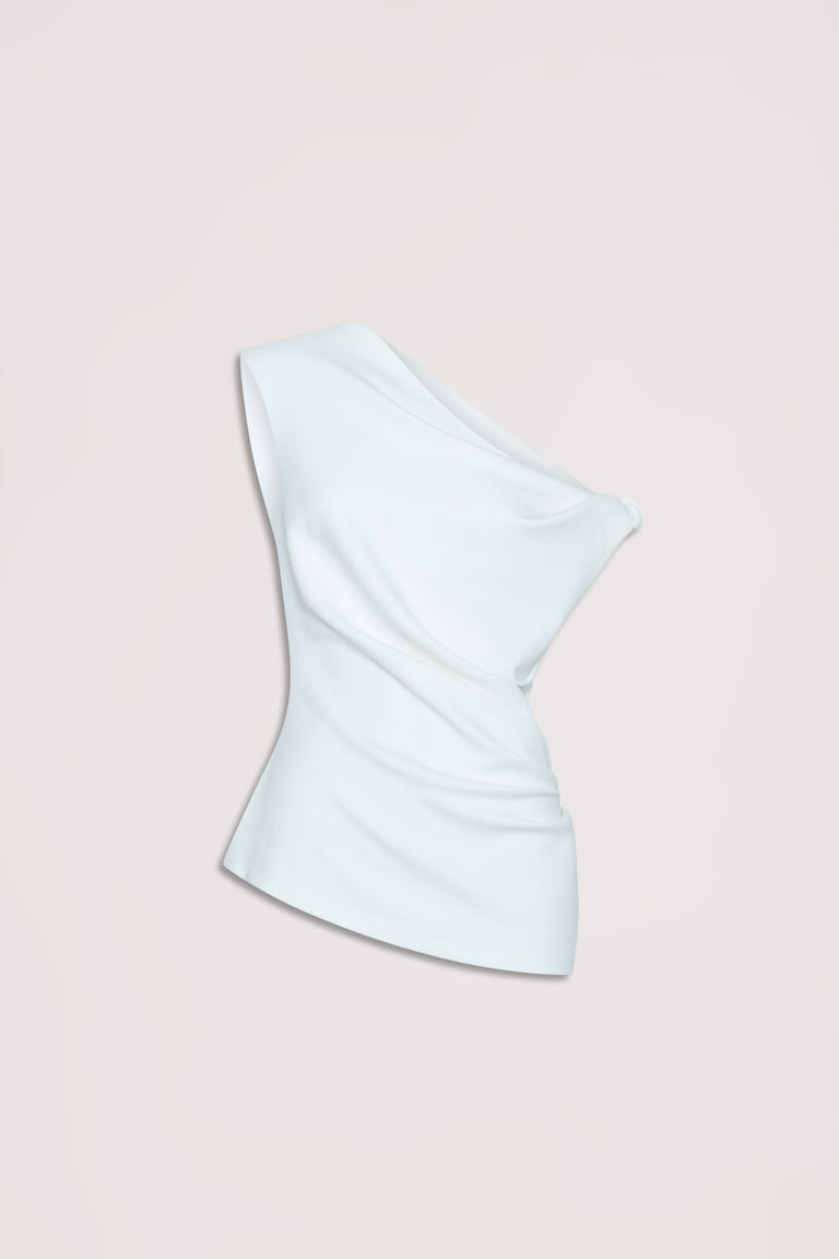 White twist shoulder top with gathered seams and an asymmetric hem