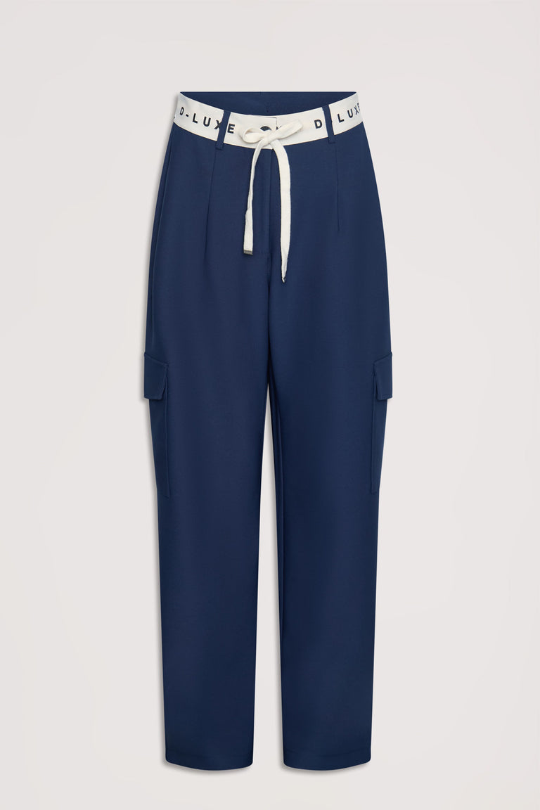 Navy relaxed pants with cargo pockets and a white drawstring waistband featuring logo detailing for casual style.