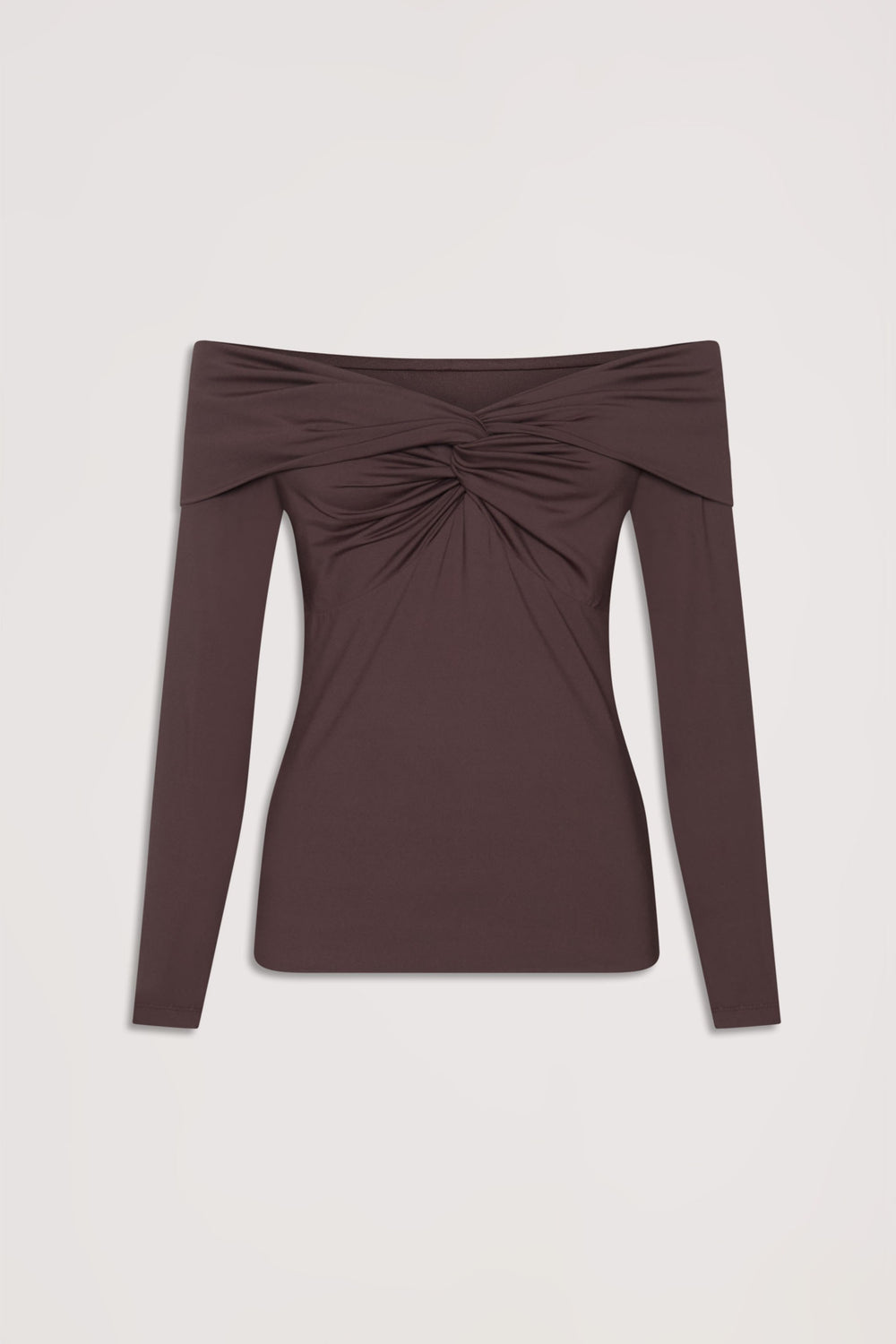 Off-shoulder long sleeve top in rich espresso with a twist detail at the bust for a chic, elegant look.