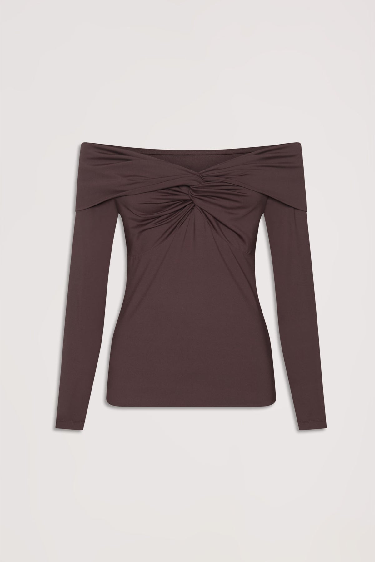 Off-shoulder long sleeve top in rich espresso with a twist detail at the bust for a chic, elegant look.