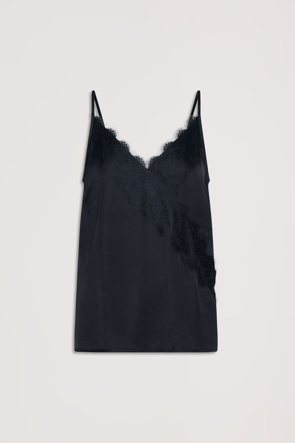 Black silky cami top with delicate lace trim along the V-neckline and thin shoulder straps.