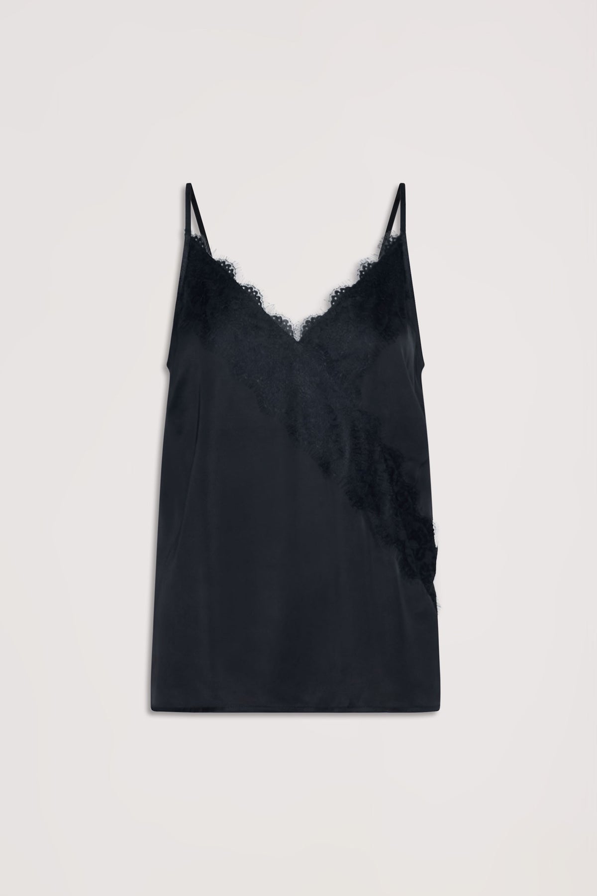 Black silky cami top with delicate lace trim along the V-neckline and thin shoulder straps.