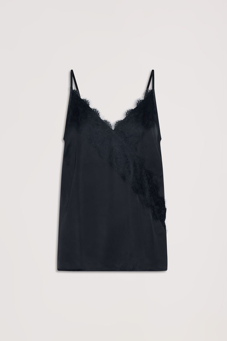 Black silky cami top with delicate lace trim along the V-neckline and thin shoulder straps.