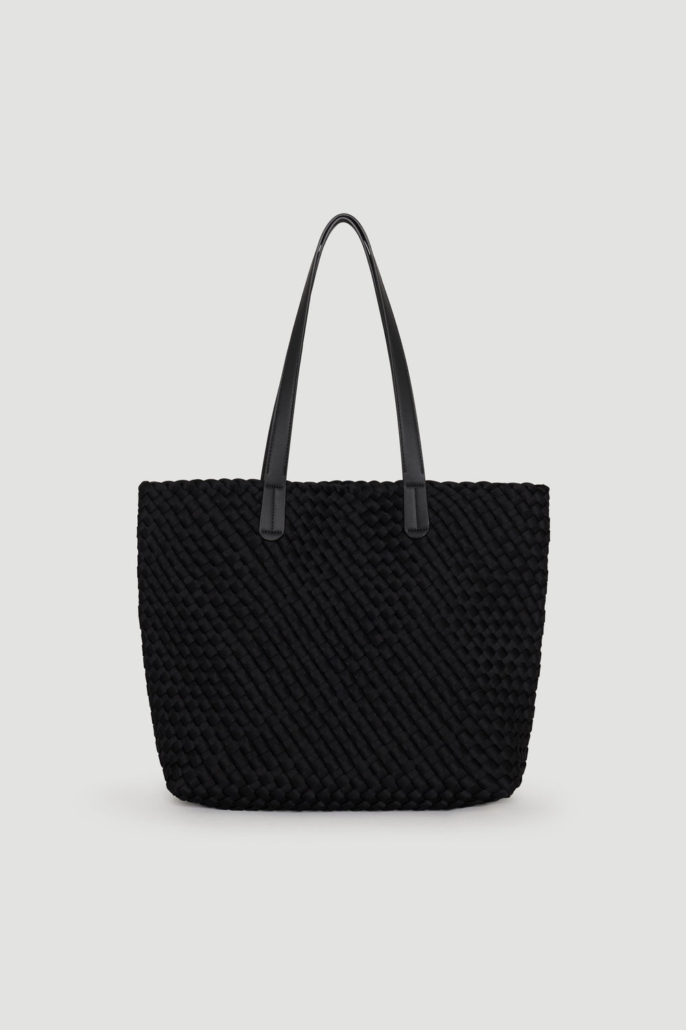 Black woven tote bag with long smooth handles, featuring a textured design for a stylish everyday accessory.