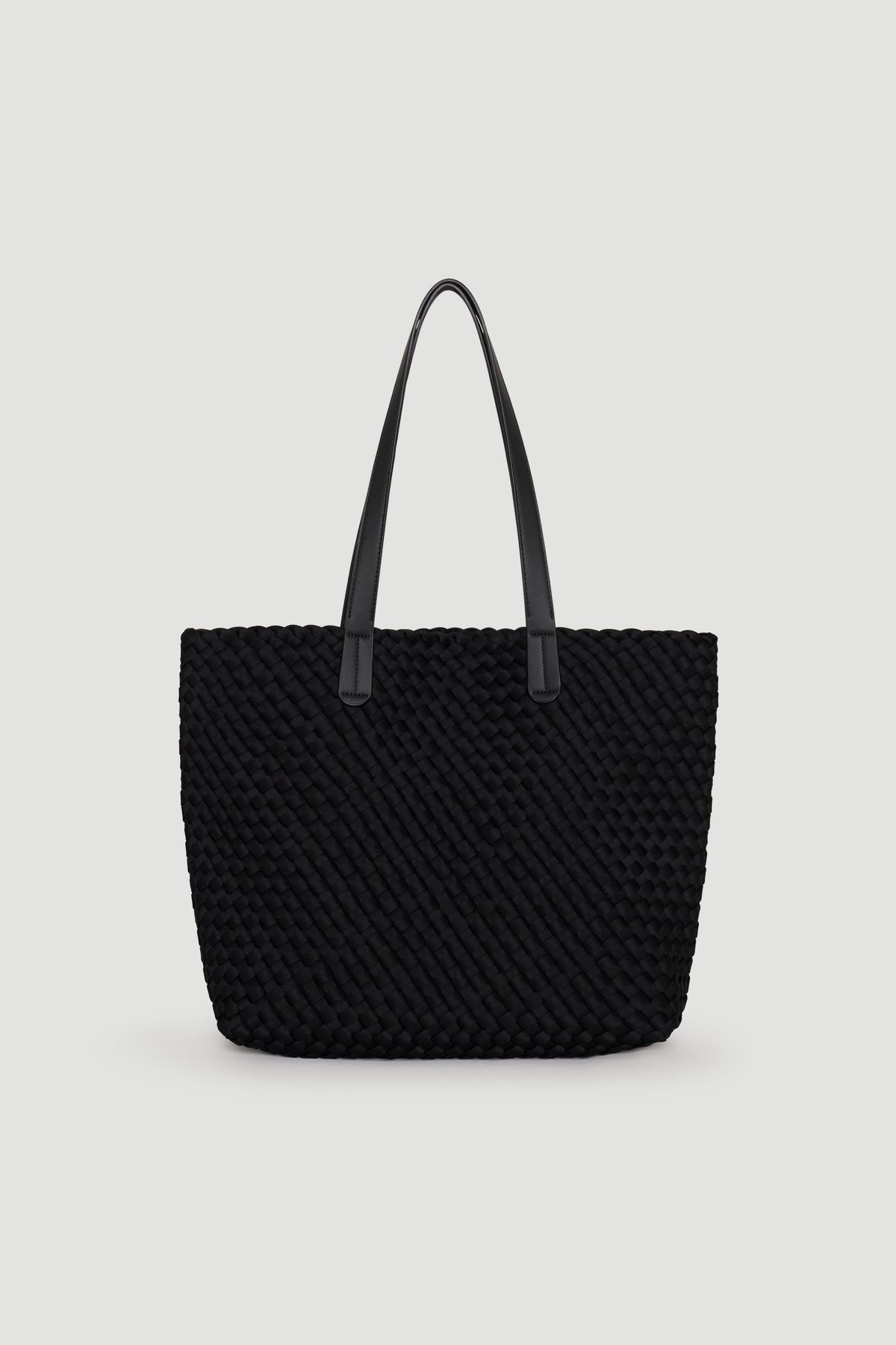 Black woven tote bag with long smooth handles, featuring a textured design for a stylish everyday accessory.